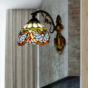 1-Light Victorian Stained Glass Wall Sconce with Up/Down Lighting and Brass Curved Arm