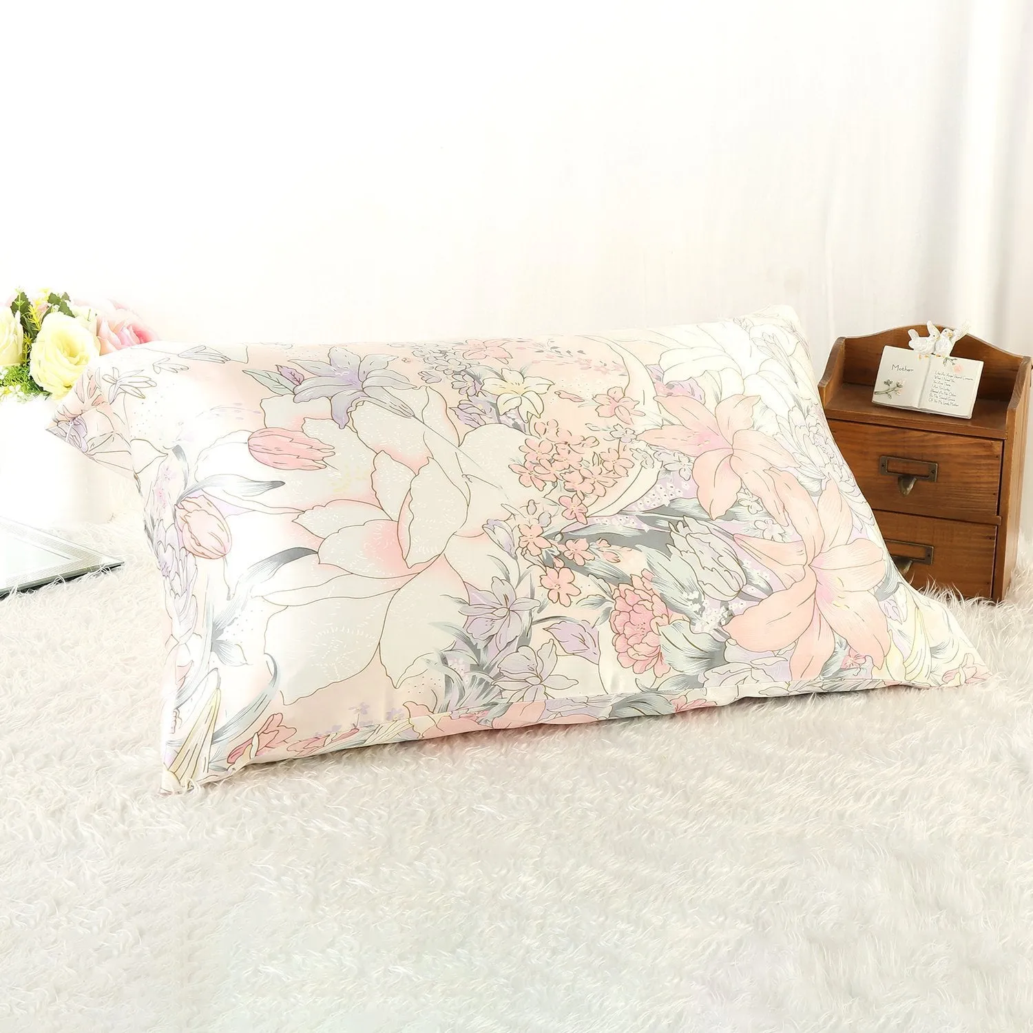 100% Silk Pillowcase Pink with Lily Print PC35