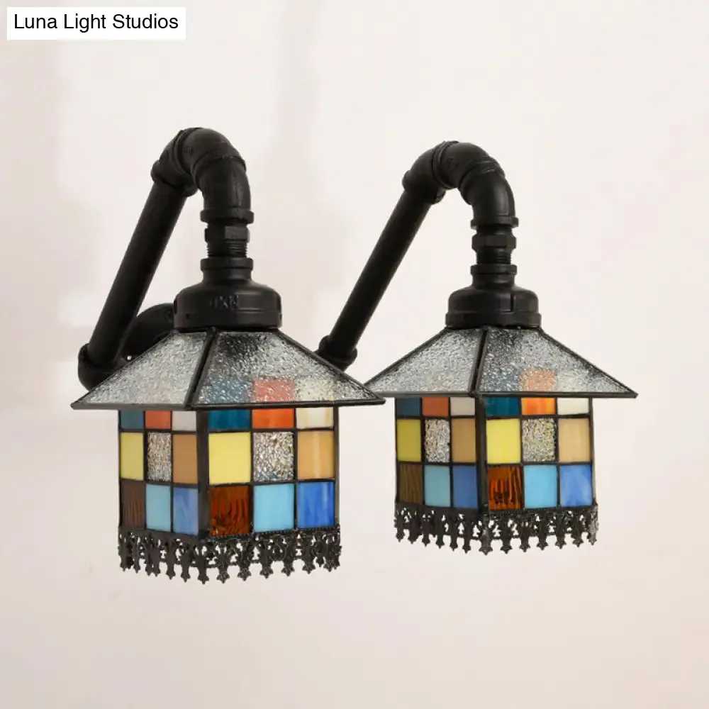 2-Light Tiffany Loft Style Stained Glass Wall Sconce with Blue/Clear Accents