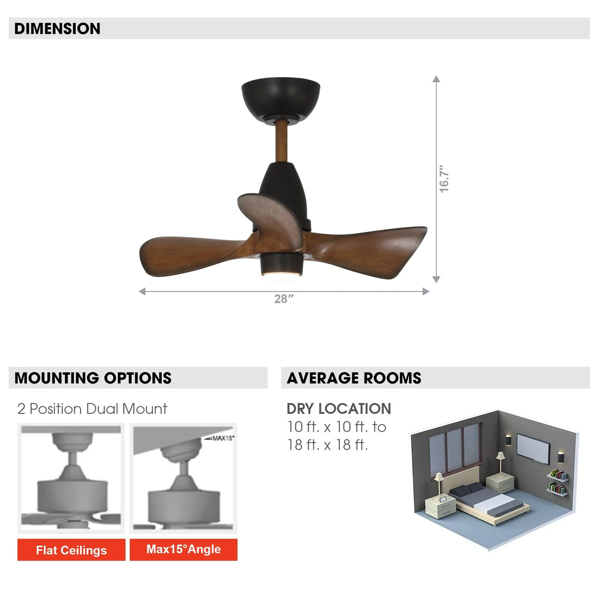 28" Kwang Farmhouse DC Motor Downrod Mount Reversible Ceiling Fan with LED Lighting and Remote Control