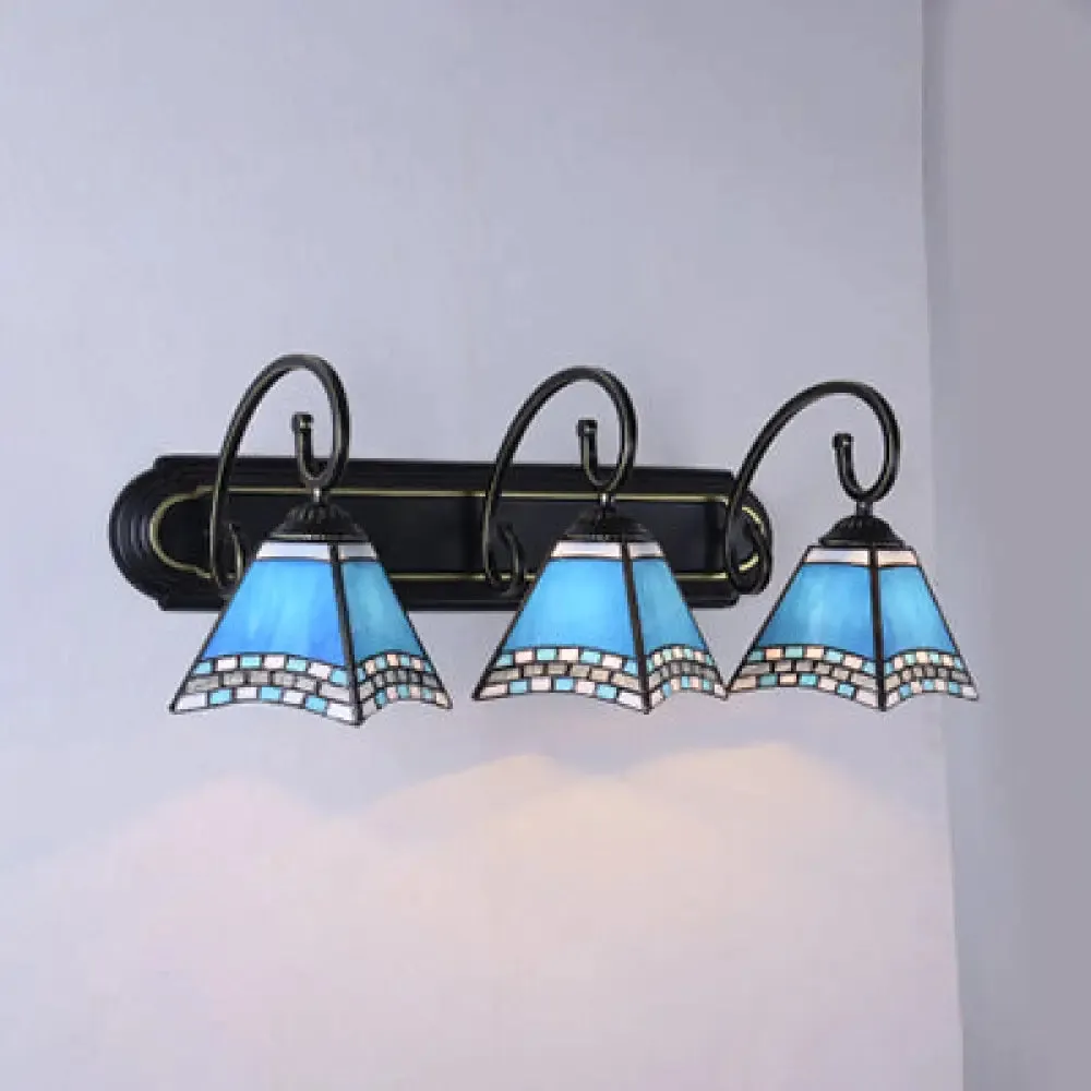 3-Head Blue Glass Mediterranean Pyramid Wall Light with Scrolling Arm - Elegant Sconce Fixture