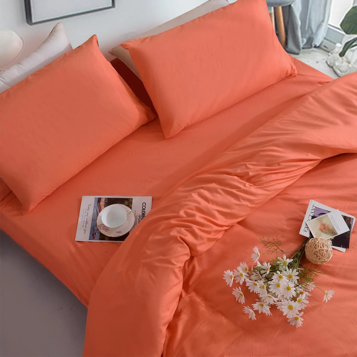 3PC Vibrant Orange Microfibre Bed Set – Cozy Duvet, Fitted Sheet & Pillow Covers