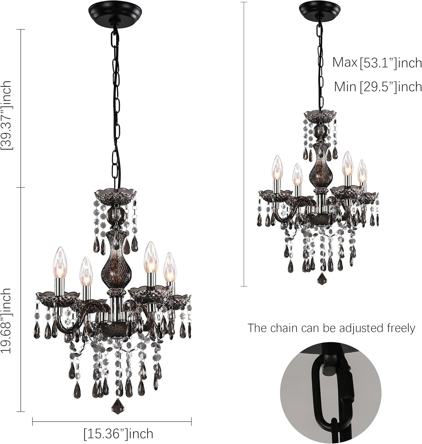 4-Light Branch Crystal Chandelier Mini Black Metal Chain Pendent Lamp Height Adjustable Acrylic Black Embedded Ceiling Lamp