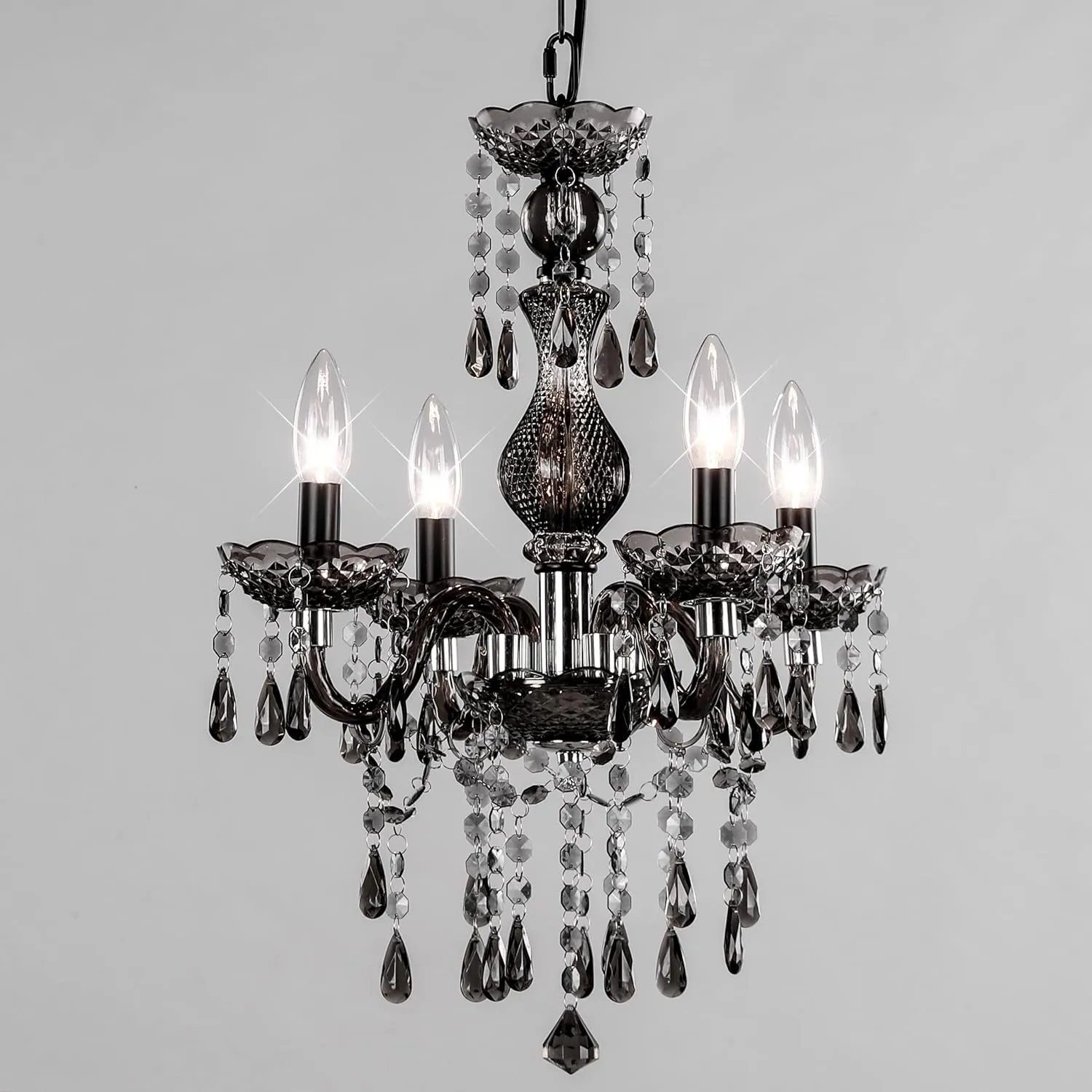 4-Light Branch Crystal Chandelier Mini Black Metal Chain Pendent Lamp Height Adjustable Acrylic Black Embedded Ceiling Lamp