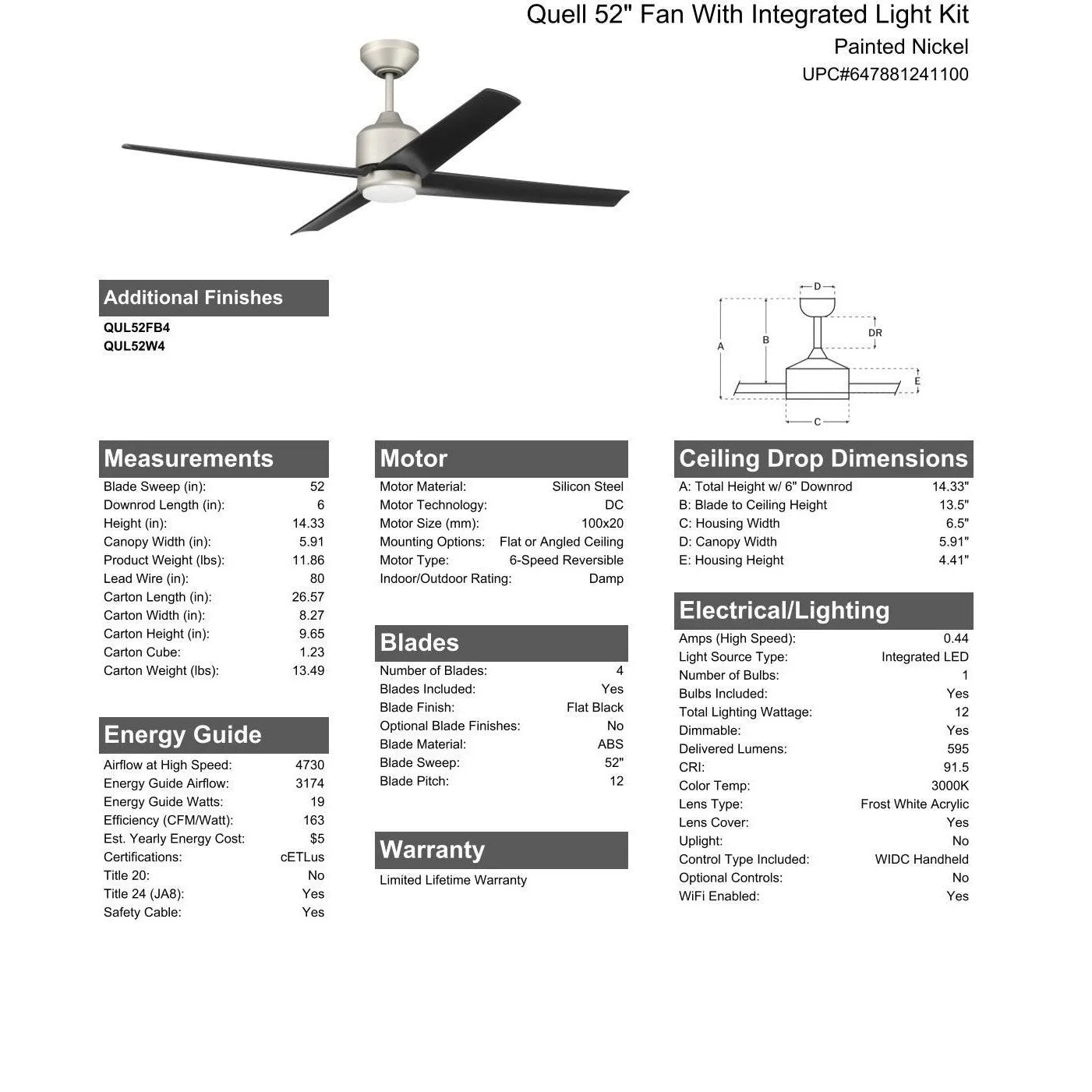 52" Quell Fan, Painted Nickel Finish, Flat Black Blades. LED Light, WIFI and Control Included