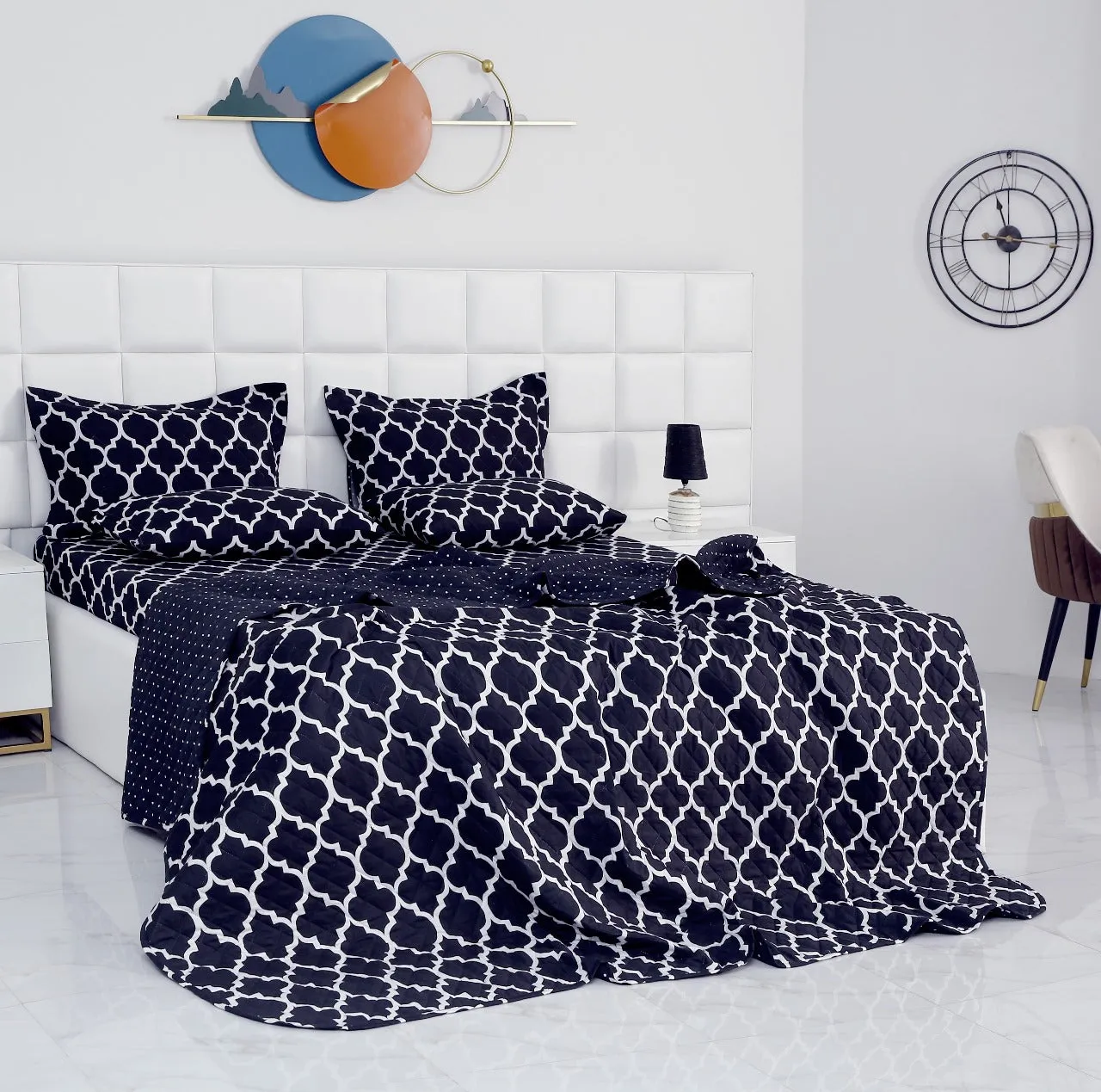 6 PCs Bed Spread Set-Black Geometric