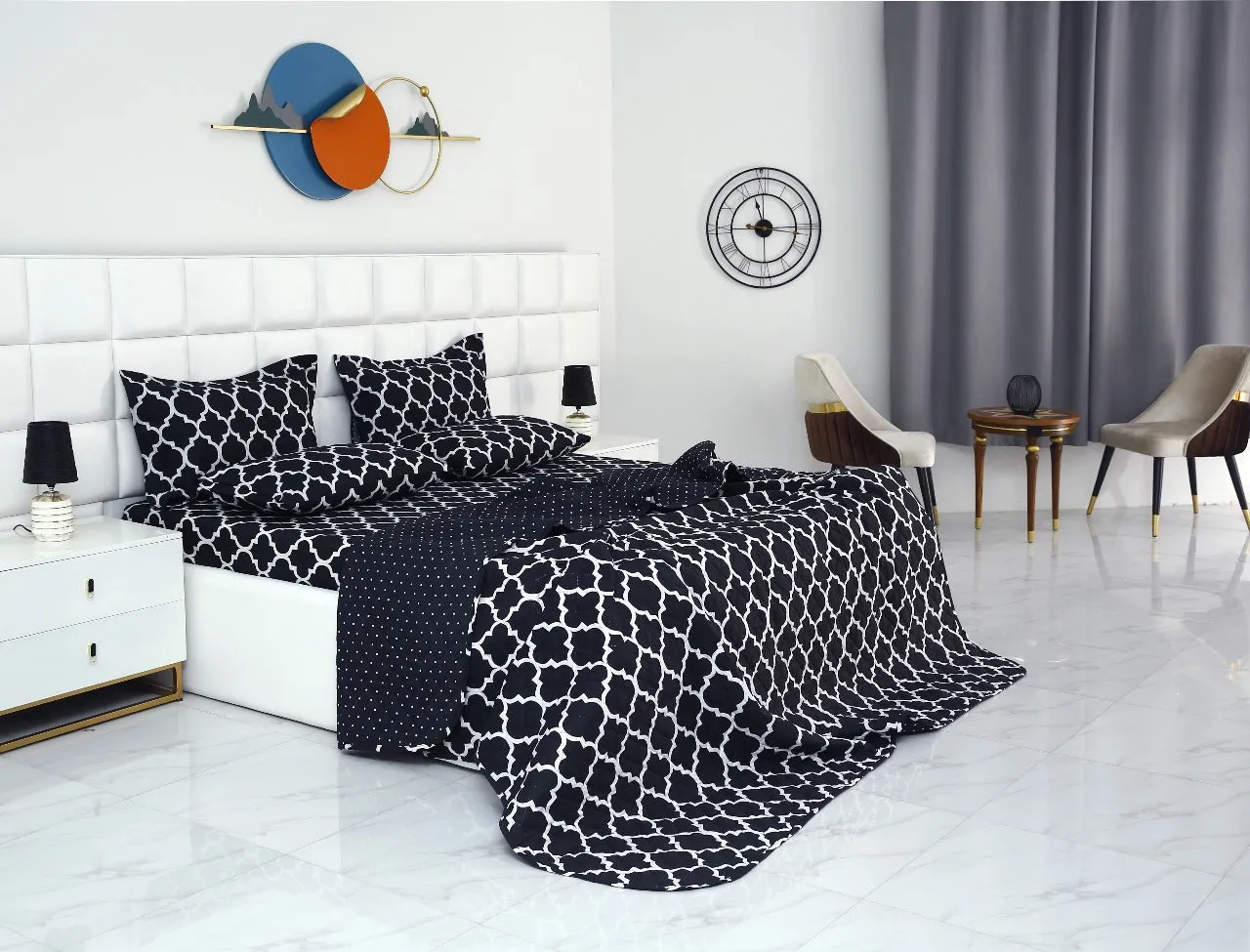 6 PCs Bed Spread Set-Black Geometric