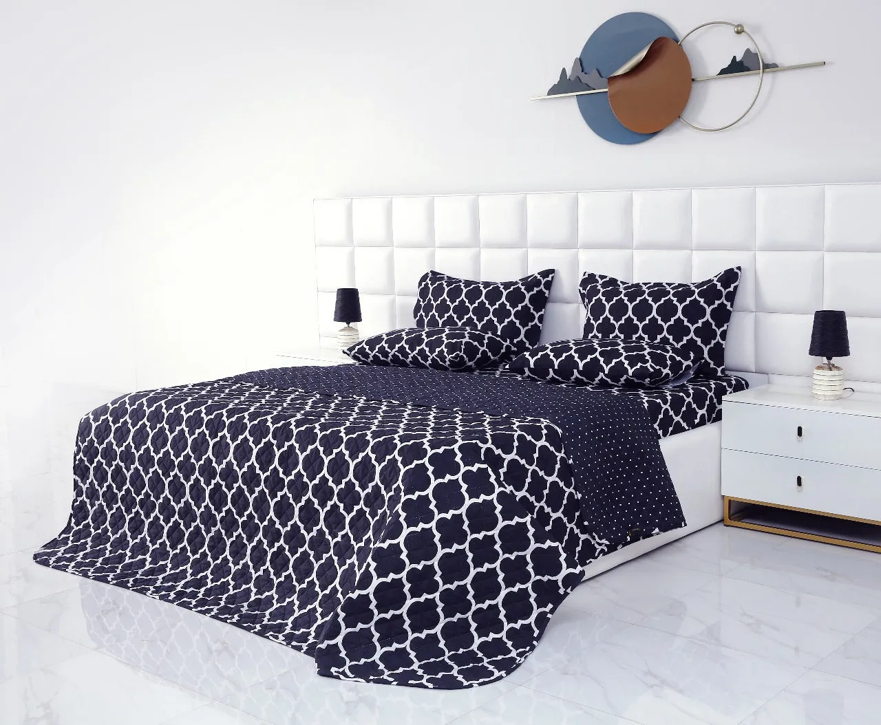 6 PCs Bed Spread Set-Black Geometric