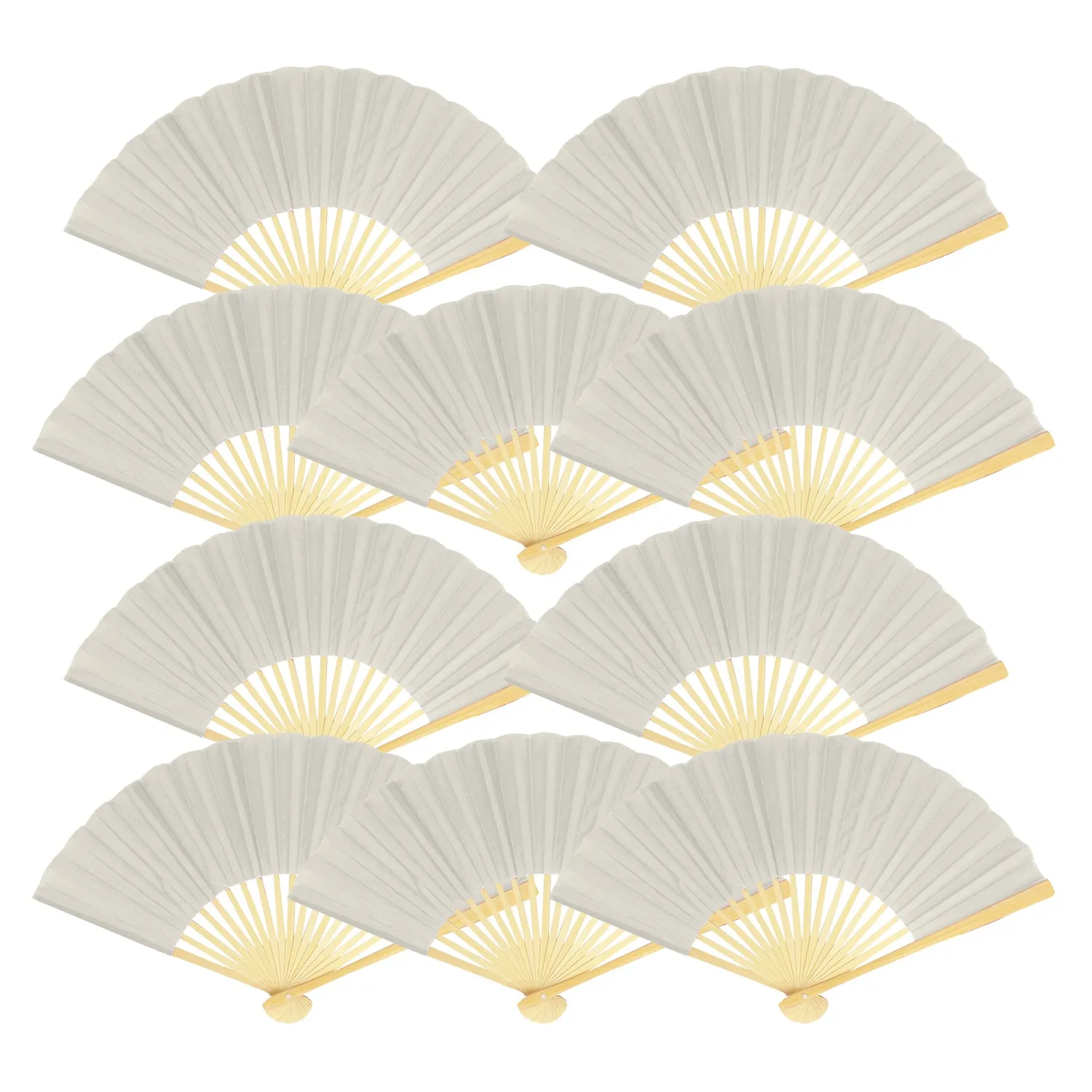 9" Silver Silk Hand Fans for Weddings (10 Pack)