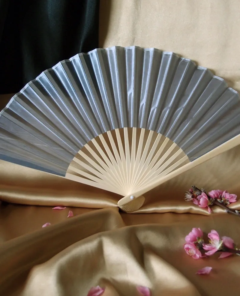 9" Silver Silk Hand Fans for Weddings (10 Pack)