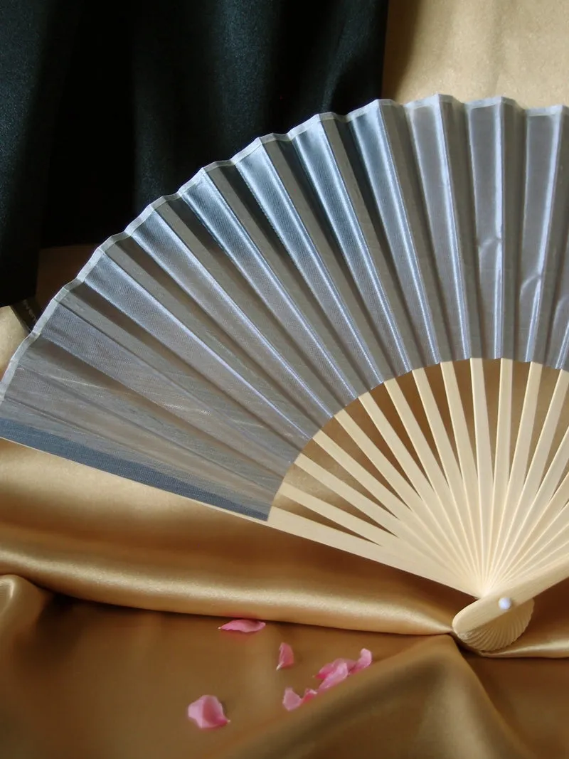 9" Silver Silk Hand Fans for Weddings (10 Pack)