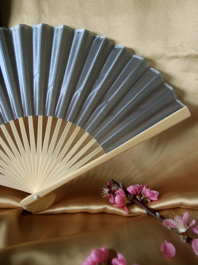 9" Silver Silk Hand Fans for Weddings (10 Pack)