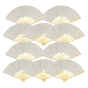 9" Silver Silk Hand Fans for Weddings (10 Pack)