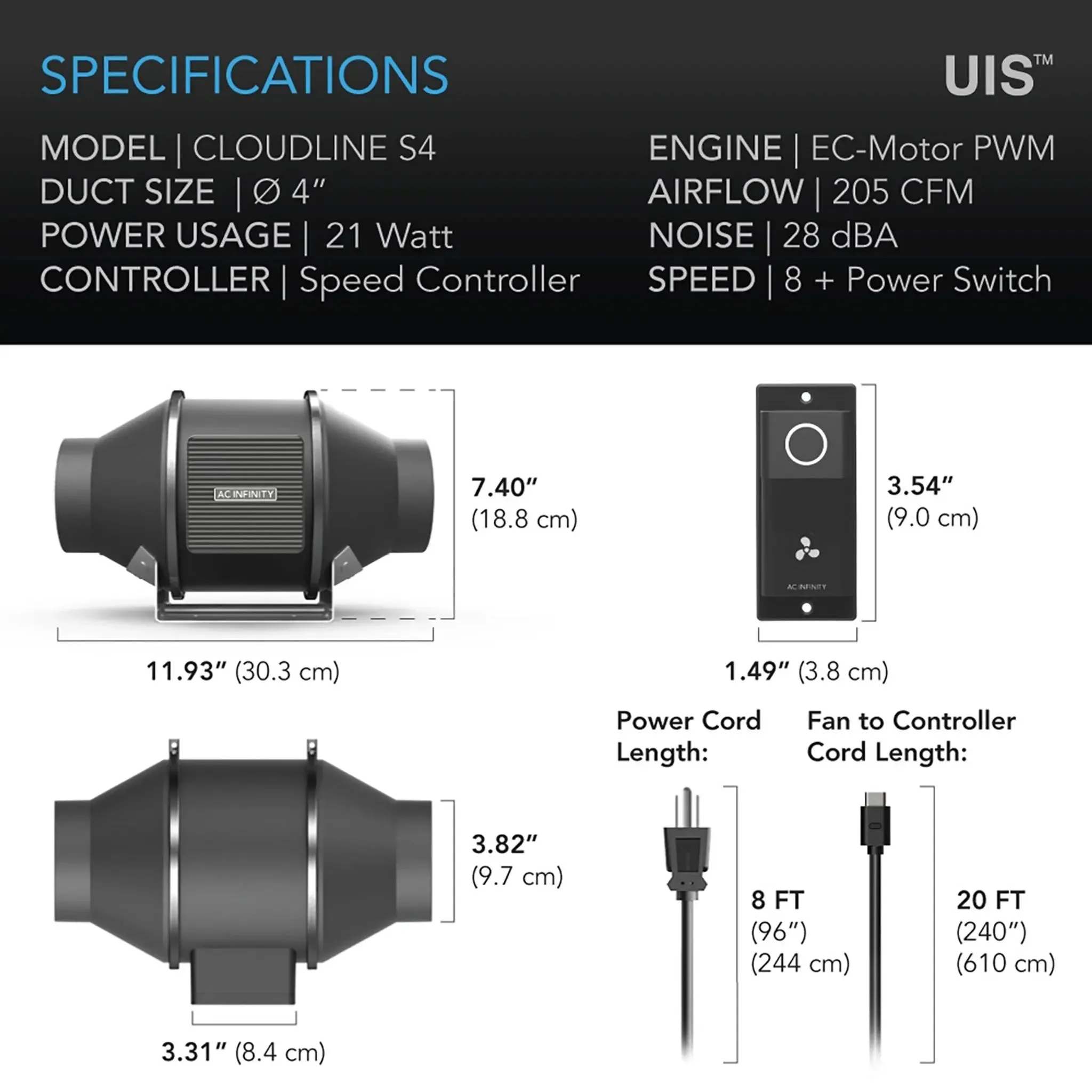 AC Infinity CLOUDLINE S4 Inline Duct Fan System with Speed Controller, 4"