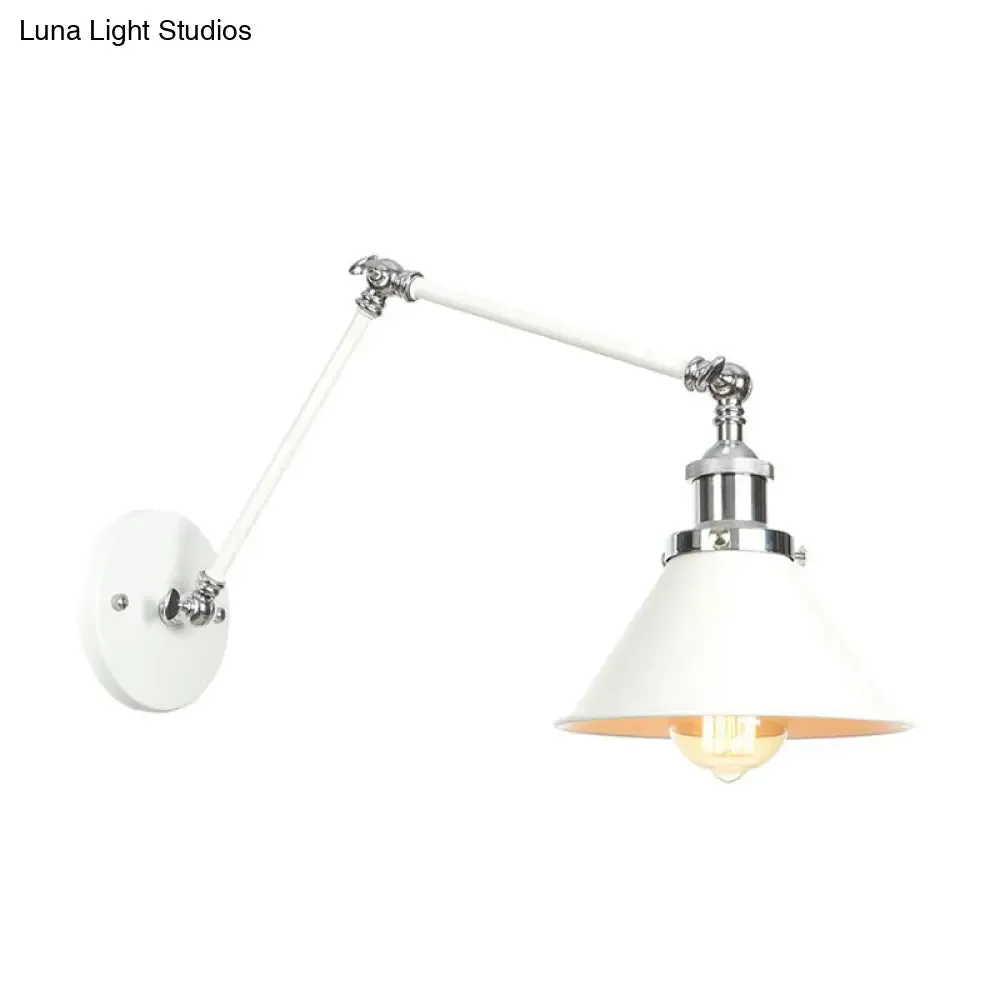 Adjustable Arm Industrial Metal Wall Lamp Lighting with 1 Light Fixture - White Cone/Saucer/Wavy Sconce