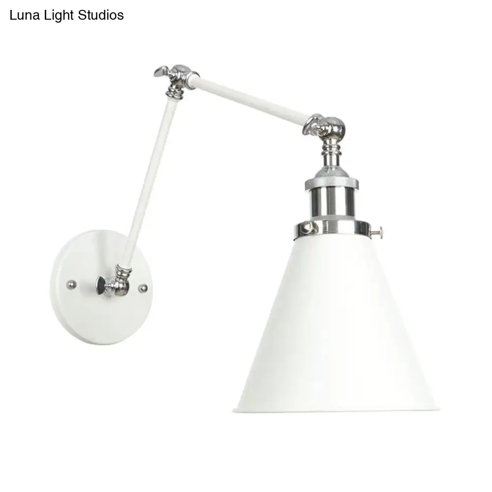 Adjustable Arm Industrial Metal Wall Lamp Lighting with 1 Light Fixture - White Cone/Saucer/Wavy Sconce