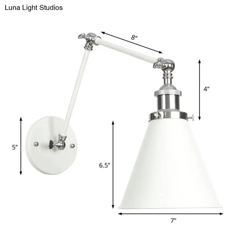 Adjustable Arm Industrial Metal Wall Lamp Lighting with 1 Light Fixture - White Cone/Saucer/Wavy Sconce