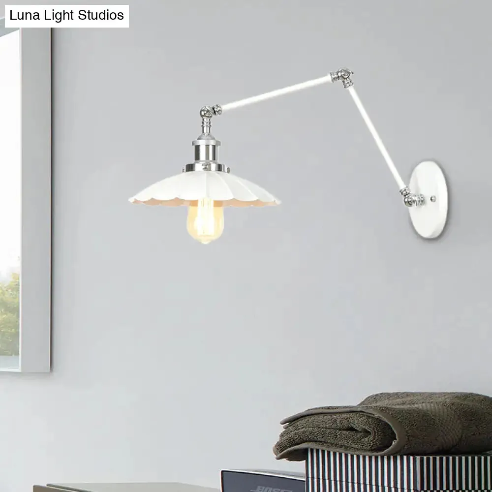 Adjustable Arm Industrial Metal Wall Lamp Lighting with 1 Light Fixture - White Cone/Saucer/Wavy Sconce