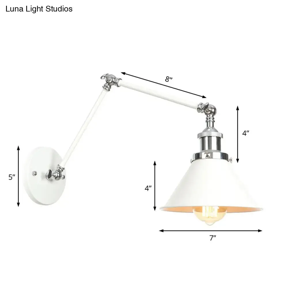 Adjustable Arm Industrial Metal Wall Lamp Lighting with 1 Light Fixture - White Cone/Saucer/Wavy Sconce