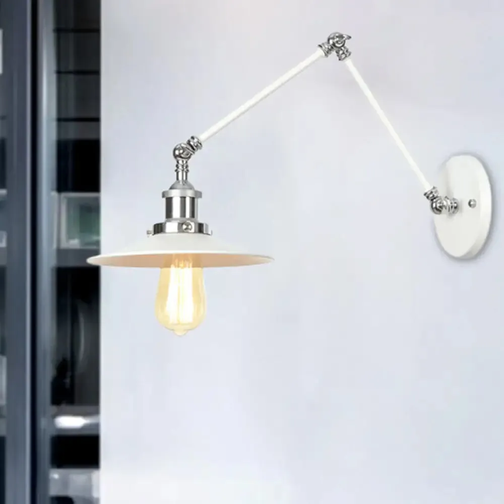 Adjustable Arm Industrial Metal Wall Lamp Lighting with 1 Light Fixture - White Cone/Saucer/Wavy Sconce