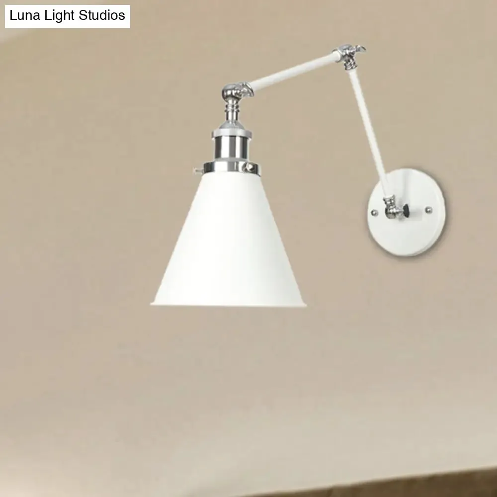 Adjustable Arm Industrial Metal Wall Lamp Lighting with 1 Light Fixture - White Cone/Saucer/Wavy Sconce