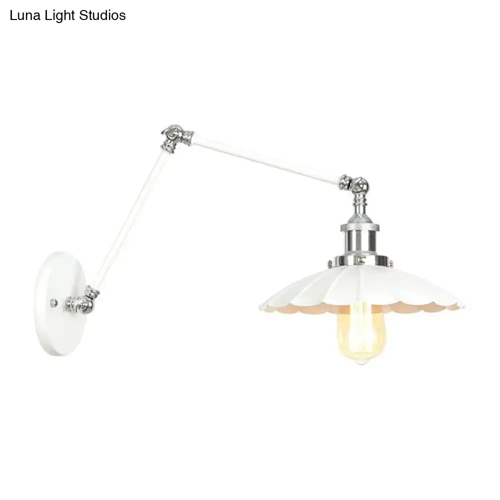 Adjustable Arm Industrial Metal Wall Lamp Lighting with 1 Light Fixture - White Cone/Saucer/Wavy Sconce