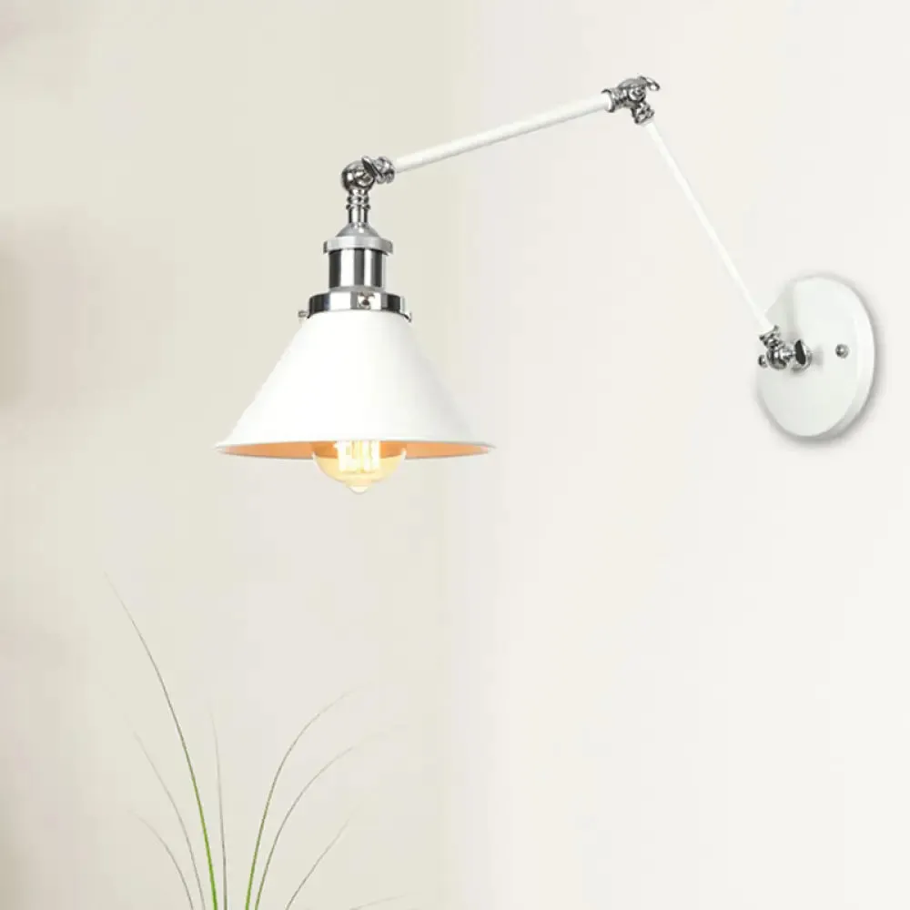 Adjustable Arm Industrial Metal Wall Lamp Lighting with 1 Light Fixture - White Cone/Saucer/Wavy Sconce