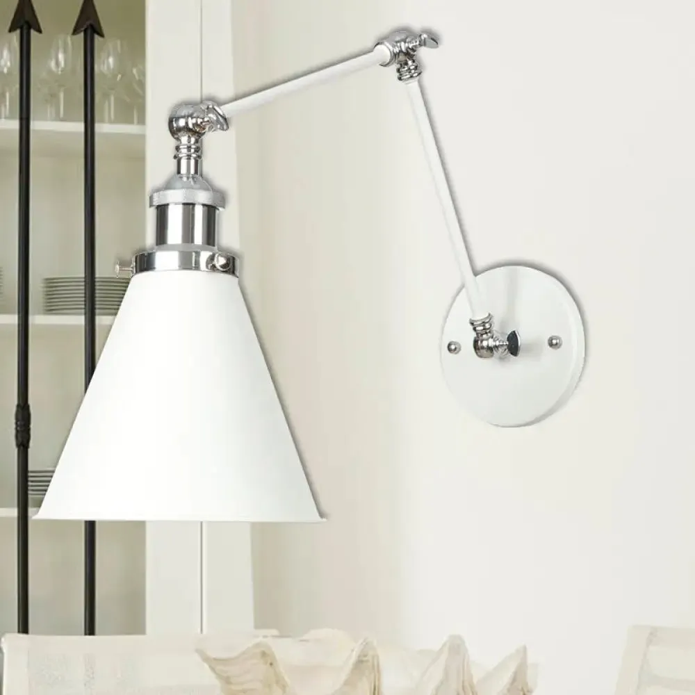 Adjustable Arm Industrial Metal Wall Lamp Lighting with 1 Light Fixture - White Cone/Saucer/Wavy Sconce