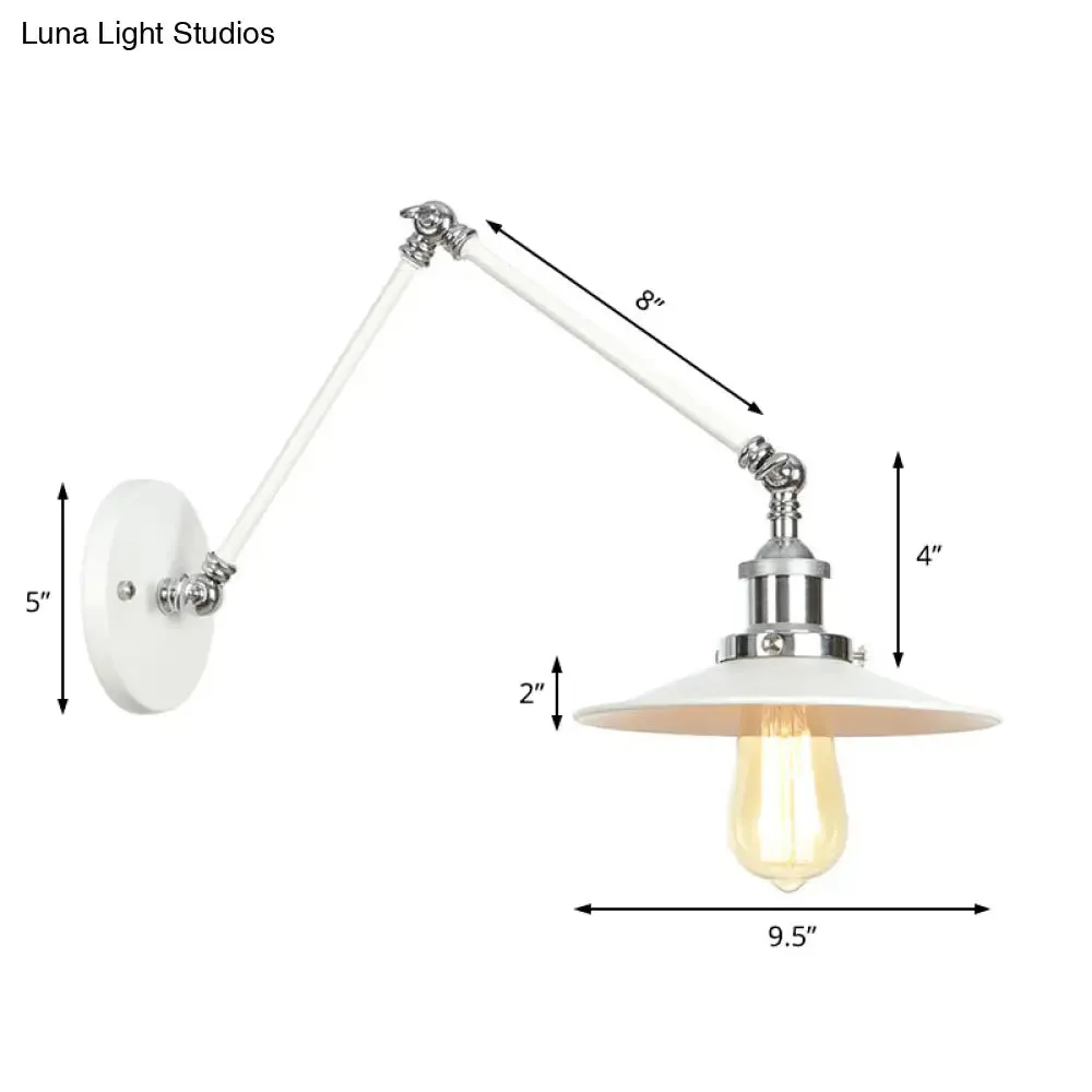 Adjustable Arm Industrial Metal Wall Lamp Lighting with 1 Light Fixture - White Cone/Saucer/Wavy Sconce