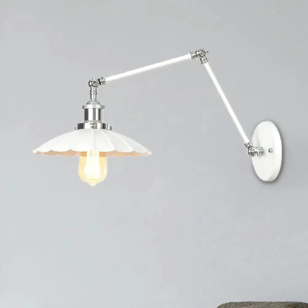 Adjustable Arm Industrial Metal Wall Lamp Lighting with 1 Light Fixture - White Cone/Saucer/Wavy Sconce