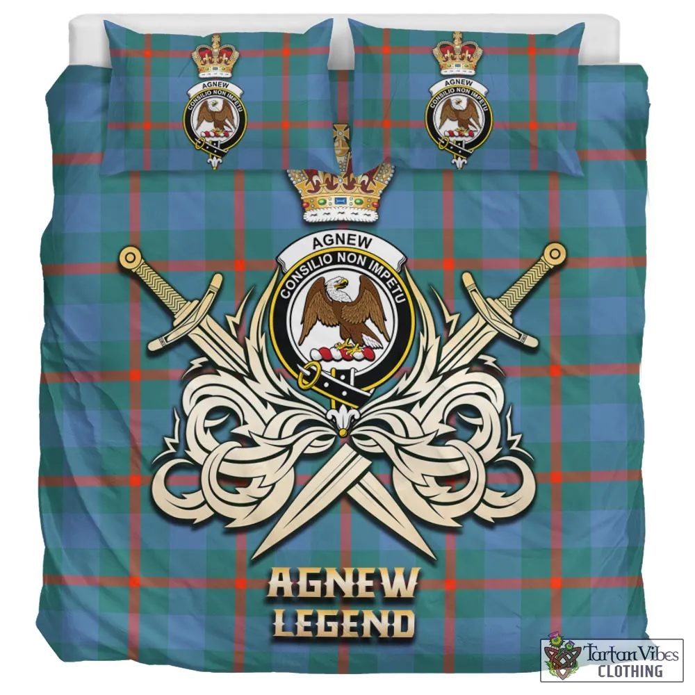 Agnew Ancient Tartan Bedding Set with Clan Crest and the Golden Sword of Courageous Legacy