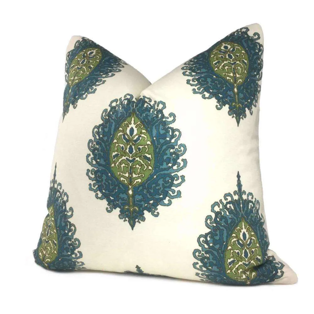 Alfred Shaheen Westminster Blue Green Cream Paisley Medallion Pillow Cover