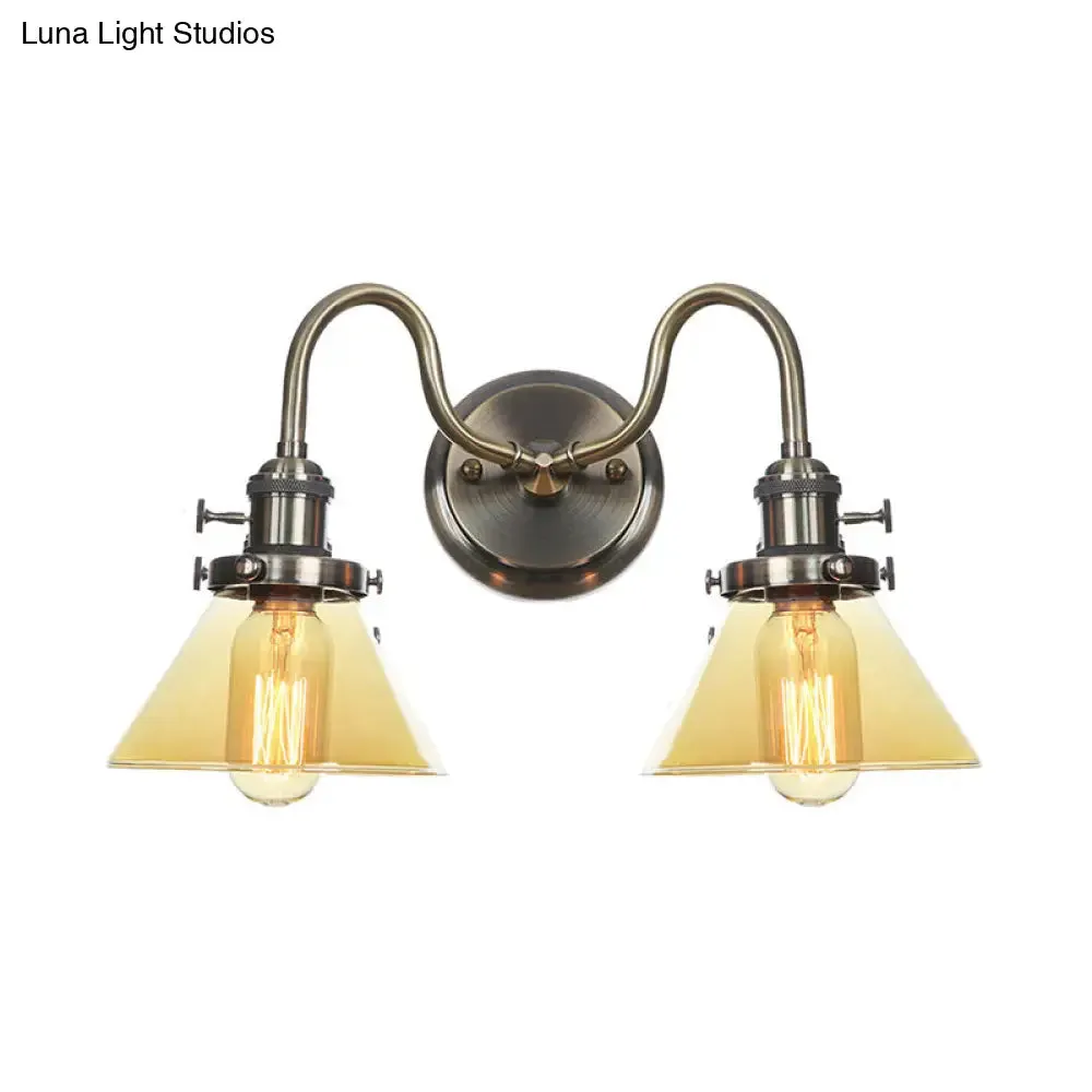 Amber/Clear Glass Wall Light with Undulated Arm in Bronze - Factory 2 Bulbs, Living Room Mounted Lighting