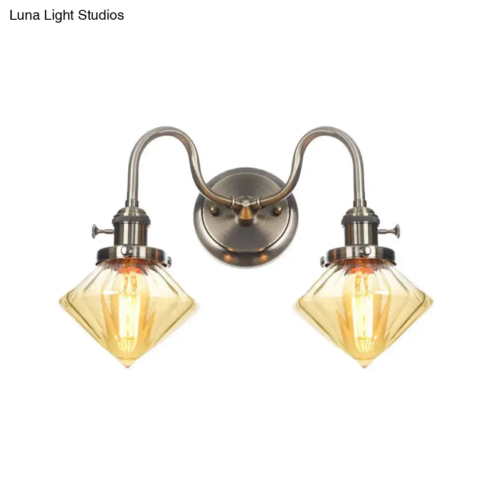 Amber/Clear Glass Wall Light with Undulated Arm in Bronze - Factory 2 Bulbs, Living Room Mounted Lighting