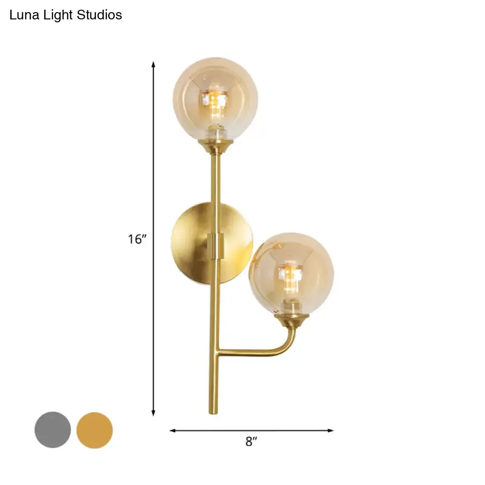 Amber/Smoke Gray Glass 2-Head LED Wall Sconce - Sphere Bathroom Wall Mount Light with Brass Finish