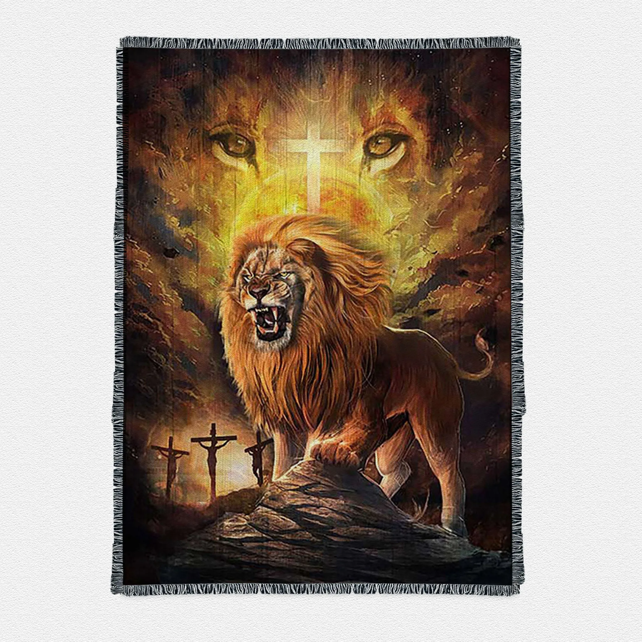 Angry Lion Of Judah Jesus On The Cross Woven Throw Boho Blanket - Christian Woven Throw Blanket Prints - Bible Verse Woven Throw Blanket Art