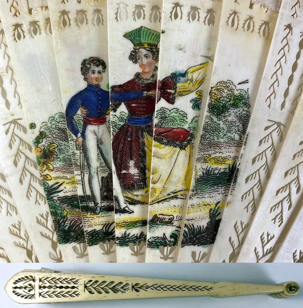 Antique c.1825 French Hand Fan, Perforated Guards, Sticks, Hand Painted Portrait Miniature