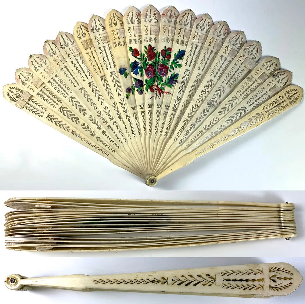 Antique c.1825 French Hand Fan, Perforated Guards, Sticks, Hand Painted Portrait Miniature