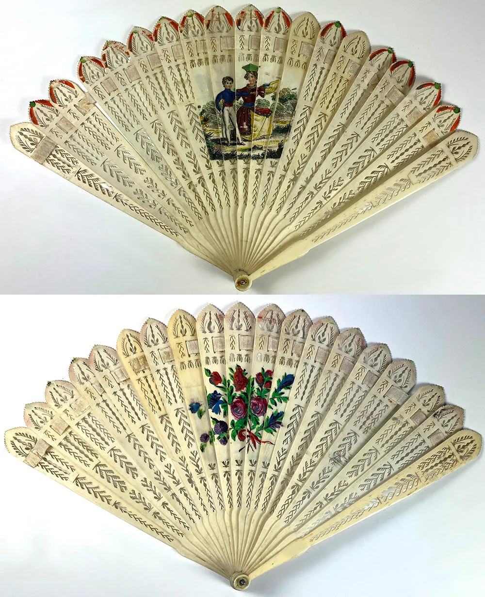 Antique c.1825 French Hand Fan, Perforated Guards, Sticks, Hand Painted Portrait Miniature