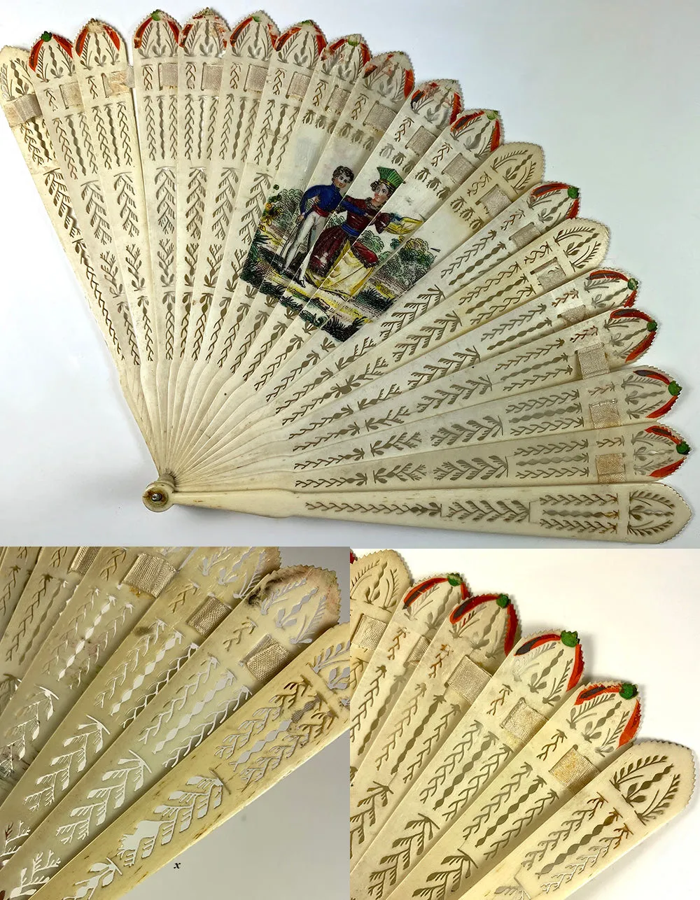 Antique c.1825 French Hand Fan, Perforated Guards, Sticks, Hand Painted Portrait Miniature