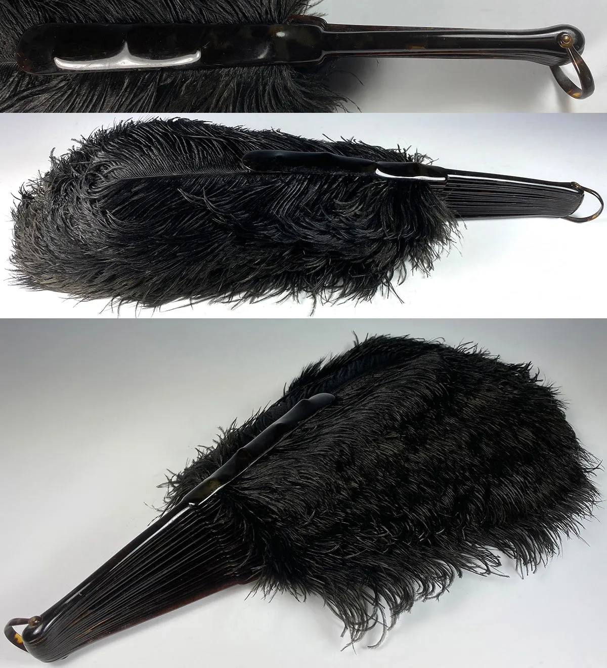 Antique French Hand Fan, 78 cm Span, Black Ostrich Feather and Tortoise Shell Monture, Edwardian