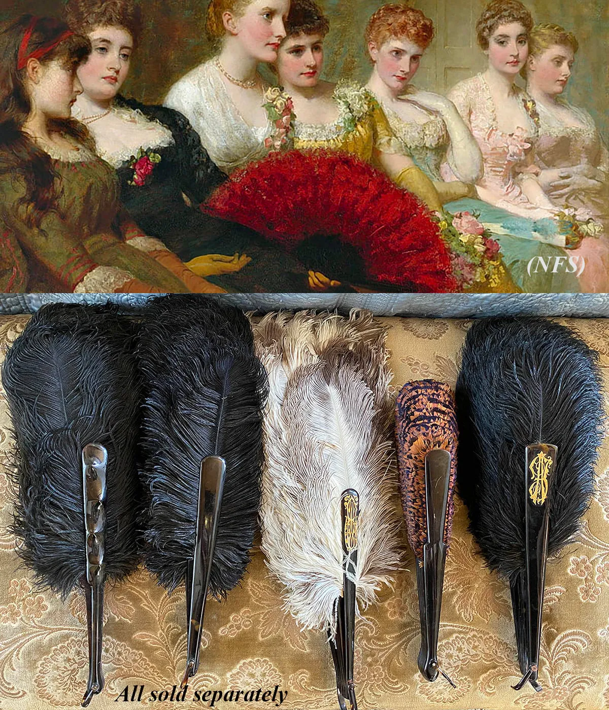 Antique French Hand Fan, 78 cm Span, Black Ostrich Feather and Tortoise Shell Monture, Edwardian