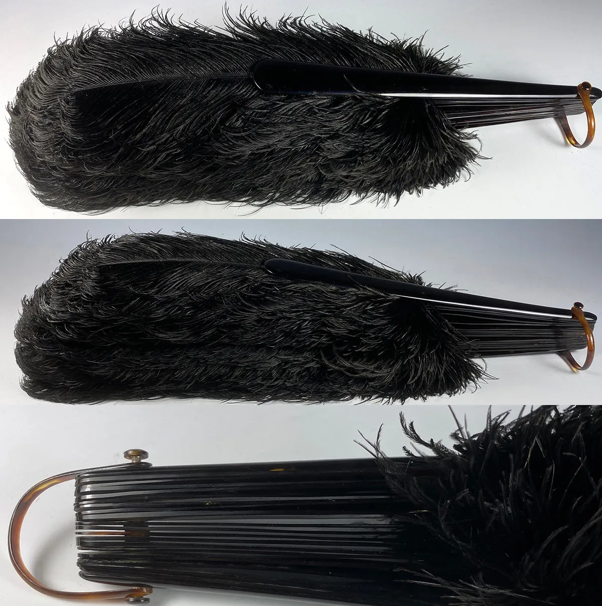 Antique French Hand Fan, 78 cm Span, Black Ostrich Feather and Tortoise Shell Monture, Edwardian