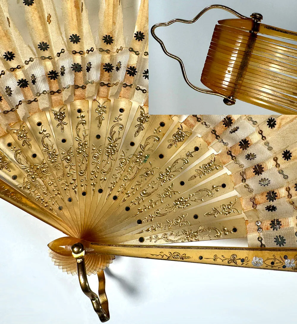 Antique French Hand Fan, Horn Monture, Silk & Sequin Embroidered Leaf, Ballon, 16 cm Guard