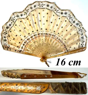 Antique French Hand Fan, Horn Monture, Silk & Sequin Embroidered Leaf, Ballon, 16 cm Guard