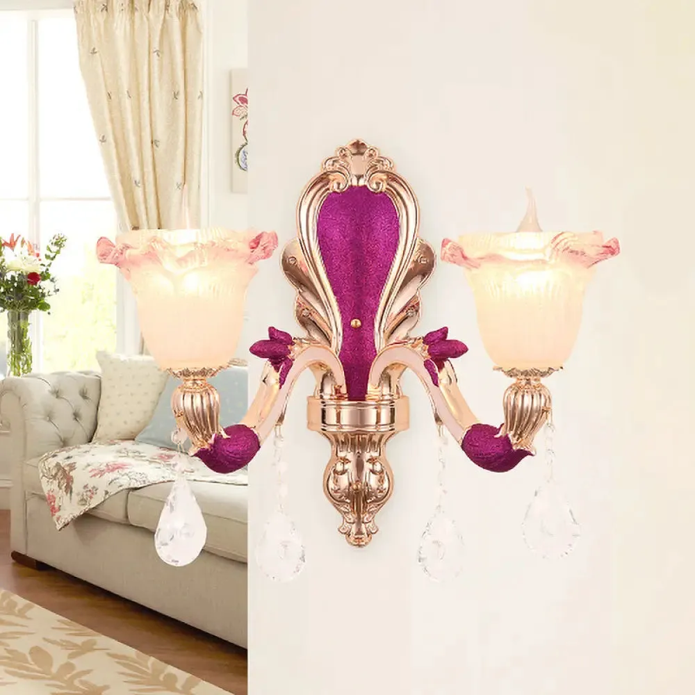 Antique Purple Glass Ruffle-Trimmed Wall Sconce with Double Heads Mount Light Fixture