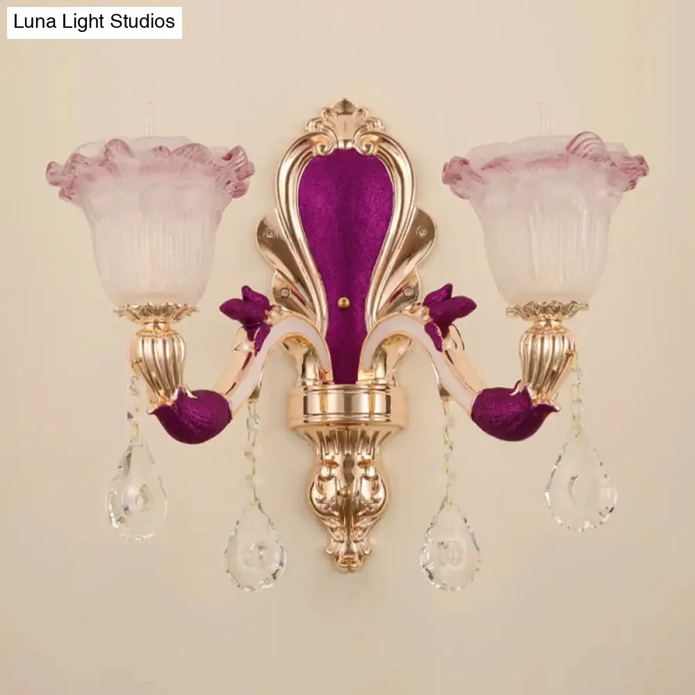 Antique Purple Glass Ruffle-Trimmed Wall Sconce with Double Heads Mount Light Fixture