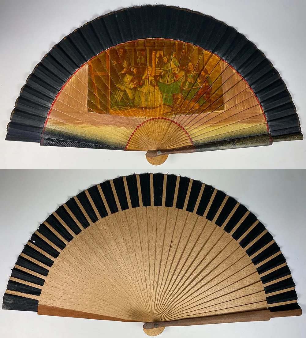 Antique Spanish Hand Fan, Excellent Condition Wood, Linen, Transfer Print of Valásquez Art - Las Meninas