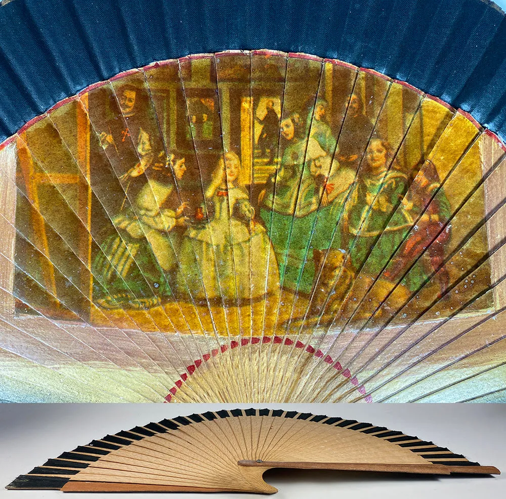 Antique Spanish Hand Fan, Excellent Condition Wood, Linen, Transfer Print of Valásquez Art - Las Meninas