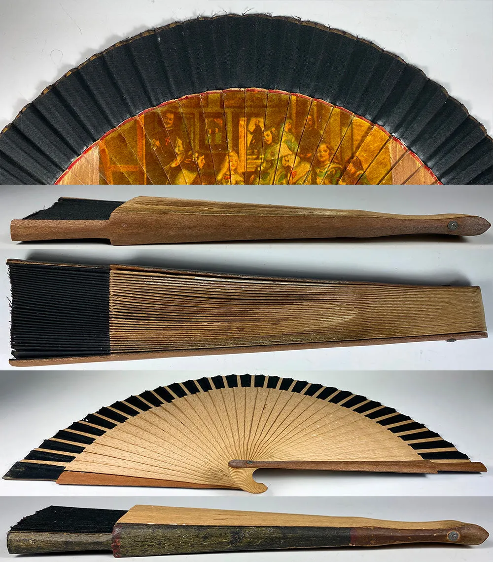 Antique Spanish Hand Fan, Excellent Condition Wood, Linen, Transfer Print of Valásquez Art - Las Meninas